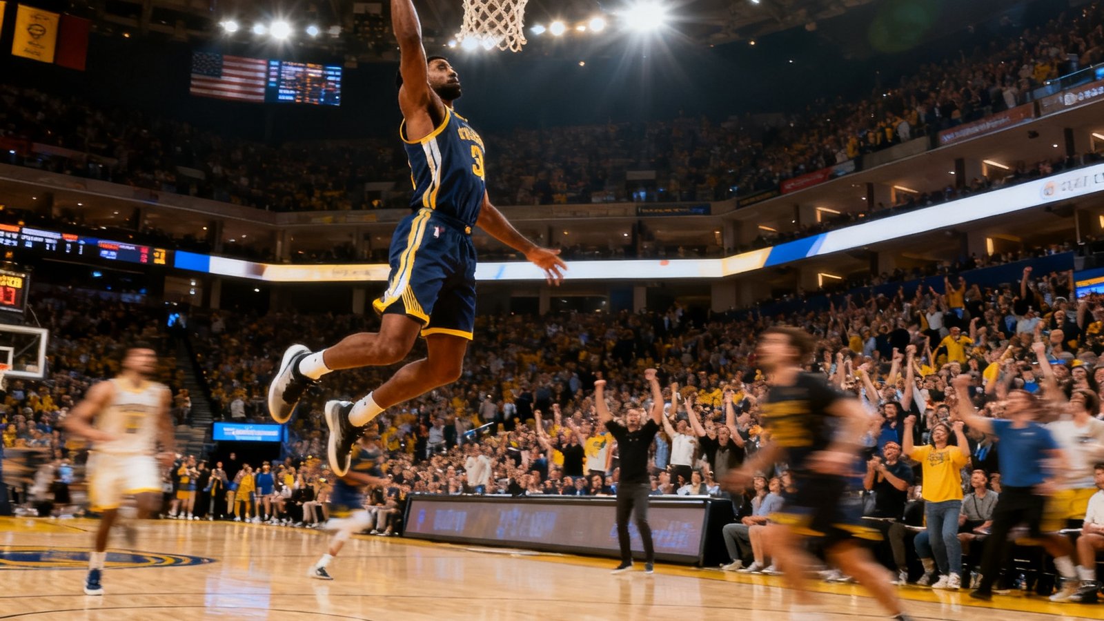 NBA篮球赛事高清直播画面，一名球员飞身跃起准备扣篮，球馆内灯光炫目，观众沸腾欢呼，画面动感十足。